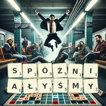 Kreatywna ilustracja do gry w Scrabble ze słowem SPÓŹNIAŁYŚMY ułożonym z płytek na planszy.