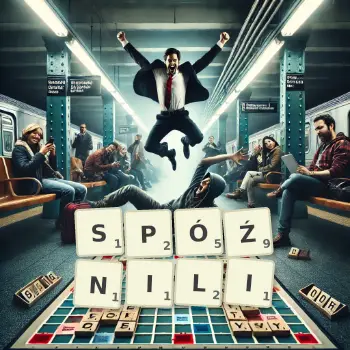 Kreatywna ilustracja do gry w Scrabble ze słowem SPÓŹNILI ułożonym z płytek na planszy.
