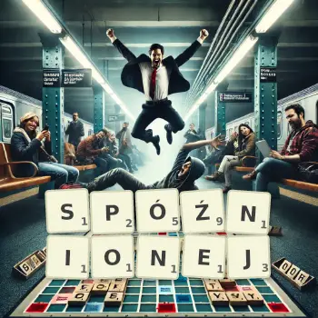 Kreatywna ilustracja do gry w Scrabble ze słowem SPÓŹNIONEJ ułożonym z płytek na planszy.