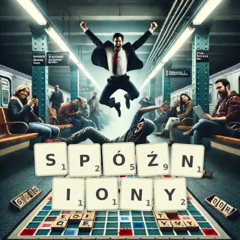 Kreatywna ilustracja do gry w Scrabble ze słowem SPÓŹNIONY ułożonym z płytek na planszy.