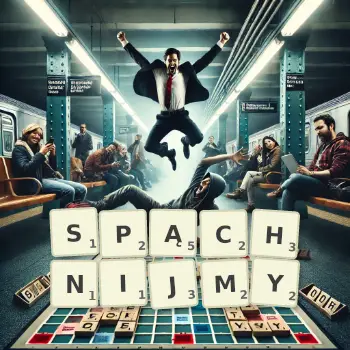 Kreatywna ilustracja do gry w Scrabble ze słowem SPĄCHNIJMY ułożonym z płytek na planszy.