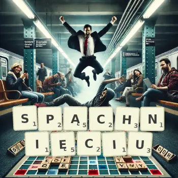 Kreatywna ilustracja do gry w Scrabble ze słowem SPĄCHNIĘCIU ułożonym z płytek na planszy.