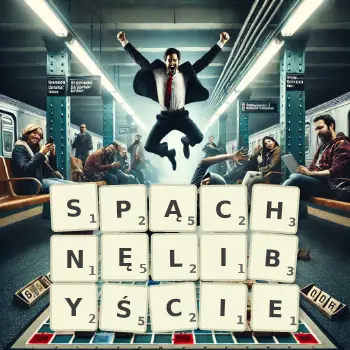 Kreatywna ilustracja do gry w Scrabble ze słowem SPĄCHNĘLIBYŚCIE ułożonym z płytek na planszy.