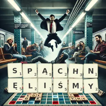 Kreatywna ilustracja do gry w Scrabble ze słowem SPĄCHNĘLIŚMY ułożonym z płytek na planszy.