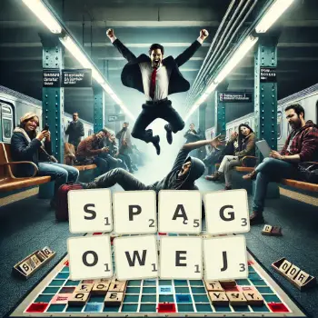 Kreatywna ilustracja do gry w Scrabble ze słowem SPĄGOWEJ ułożonym z płytek na planszy.