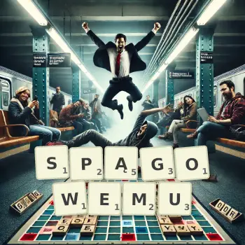 Kreatywna ilustracja do gry w Scrabble ze słowem SPĄGOWEMU ułożonym z płytek na planszy.