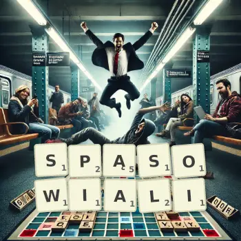 Kreatywna ilustracja do gry w Scrabble ze słowem SPĄSOWIALI ułożonym z płytek na planszy.