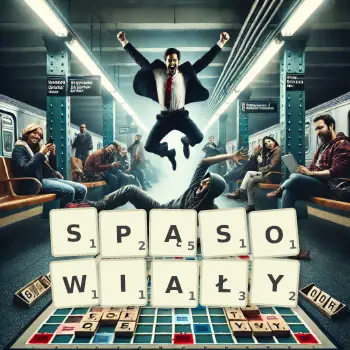 Kreatywna ilustracja do gry w Scrabble ze słowem SPĄSOWIAŁY ułożonym z płytek na planszy.