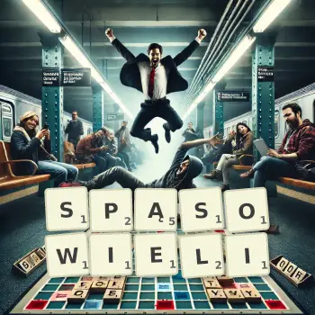 Kreatywna ilustracja do gry w Scrabble ze słowem SPĄSOWIELI ułożonym z płytek na planszy.