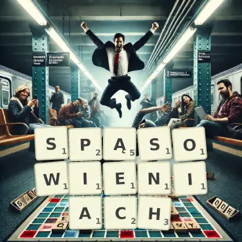 Kreatywna ilustracja do gry w Scrabble ze słowem SPĄSOWIENIACH ułożonym z płytek na planszy.