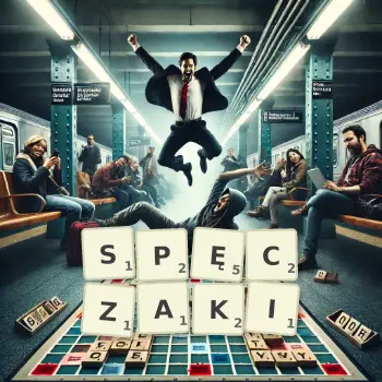 Kreatywna ilustracja do gry w Scrabble ze słowem SPĘCZAKI ułożonym z płytek na planszy.