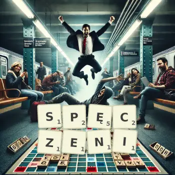 Kreatywna ilustracja do gry w Scrabble ze słowem SPĘCZENI ułożonym z płytek na planszy.