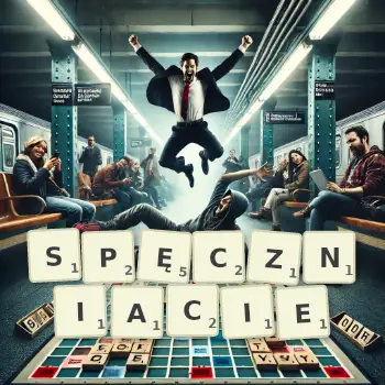 Kreatywna ilustracja do gry w Scrabble ze słowem SPĘCZNIACIE ułożonym z płytek na planszy.