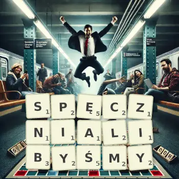 Kreatywna ilustracja do gry w Scrabble ze słowem SPĘCZNIALIBYŚMY ułożonym z płytek na planszy.