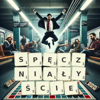Kreatywna ilustracja do gry w Scrabble ze słowem SPĘCZNIAŁYŚCIE ułożonym z płytek na planszy.
