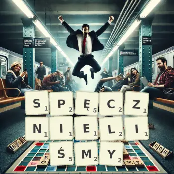 Kreatywna ilustracja do gry w Scrabble ze słowem SPĘCZNIELIŚMY ułożonym z płytek na planszy.