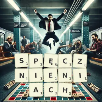Kreatywna ilustracja do gry w Scrabble ze słowem SPĘCZNIENIACH ułożonym z płytek na planszy.