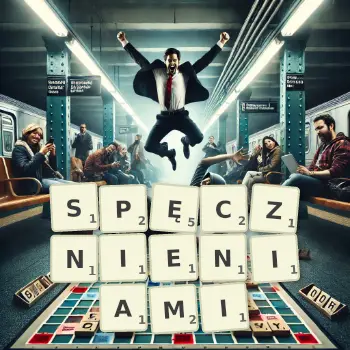 Kreatywna ilustracja do gry w Scrabble ze słowem SPĘCZNIENIAMI ułożonym z płytek na planszy.