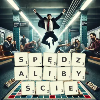 Kreatywna ilustracja do gry w Scrabble ze słowem SPĘDZALIBYŚCIE ułożonym z płytek na planszy.