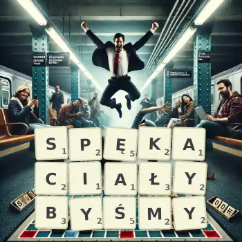 Kreatywna ilustracja do gry w Scrabble ze słowem SPĘKACIAŁYBYŚMY ułożonym z płytek na planszy.