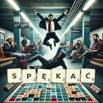 Kreatywna ilustracja do gry w Scrabble ze słowem SPĘKAĆ ułożonym z płytek na planszy.