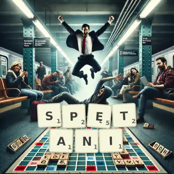 Kreatywna ilustracja do gry w Scrabble ze słowem SPĘTANI ułożonym z płytek na planszy.
