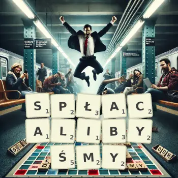 Kreatywna ilustracja do gry w Scrabble ze słowem SPŁACALIBYŚMY ułożonym z płytek na planszy.