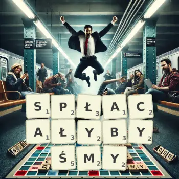 Kreatywna ilustracja do gry w Scrabble ze słowem SPŁACAŁYBYŚMY ułożonym z płytek na planszy.