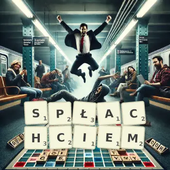 Kreatywna ilustracja do gry w Scrabble ze słowem SPŁACHCIEM ułożonym z płytek na planszy.
