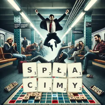 Kreatywna ilustracja do gry w Scrabble ze słowem SPŁACIMY ułożonym z płytek na planszy.