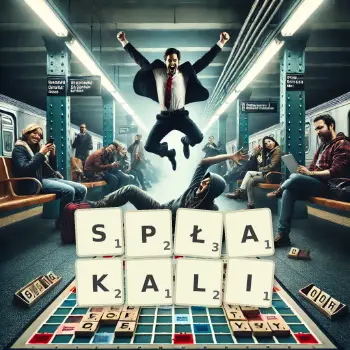 Kreatywna ilustracja do gry w Scrabble ze słowem SPŁAKALI ułożonym z płytek na planszy.