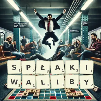 Kreatywna ilustracja do gry w Scrabble ze słowem SPŁAKIWALIBY ułożonym z płytek na planszy.