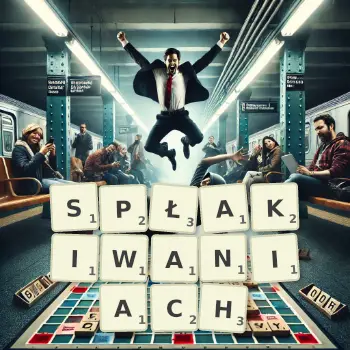 Kreatywna ilustracja do gry w Scrabble ze słowem SPŁAKIWANIACH ułożonym z płytek na planszy.