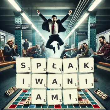 Kreatywna ilustracja do gry w Scrabble ze słowem SPŁAKIWANIAMI ułożonym z płytek na planszy.