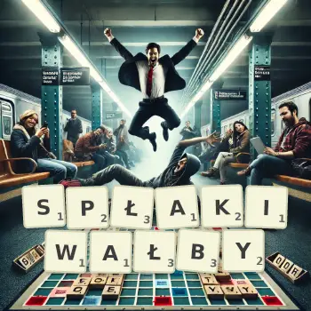 Kreatywna ilustracja do gry w Scrabble ze słowem SPŁAKIWAŁBY ułożonym z płytek na planszy.