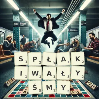 Kreatywna ilustracja do gry w Scrabble ze słowem SPŁAKIWAŁYŚMY ułożonym z płytek na planszy.