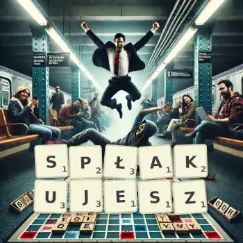 Kreatywna ilustracja do gry w Scrabble ze słowem SPŁAKUJESZ ułożonym z płytek na planszy.