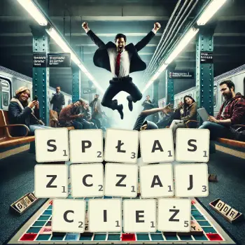 Kreatywna ilustracja do gry w Scrabble ze słowem SPŁASZCZAJCIEŻ ułożonym z płytek na planszy.