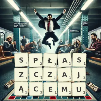 Kreatywna ilustracja do gry w Scrabble ze słowem SPŁASZCZAJĄCEMU ułożonym z płytek na planszy.