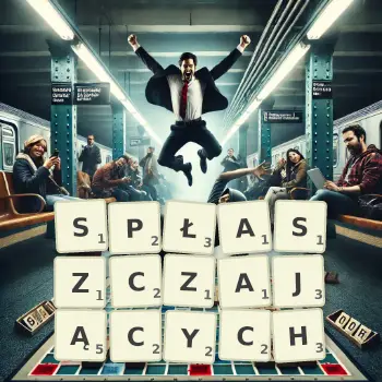 Kreatywna ilustracja do gry w Scrabble ze słowem SPŁASZCZAJĄCYCH ułożonym z płytek na planszy.