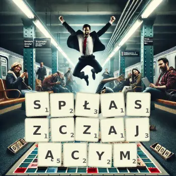 Kreatywna ilustracja do gry w Scrabble ze słowem SPŁASZCZAJĄCYM ułożonym z płytek na planszy.