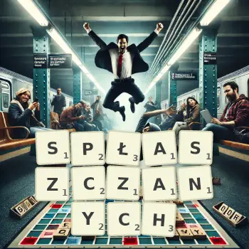 Kreatywna ilustracja do gry w Scrabble ze słowem SPŁASZCZANYCH ułożonym z płytek na planszy.