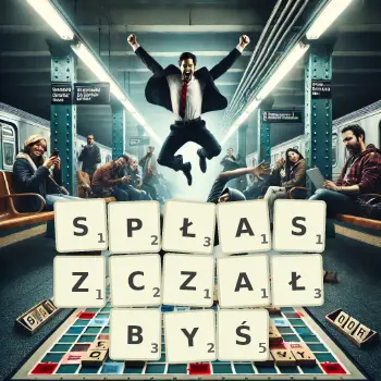 Kreatywna ilustracja do gry w Scrabble ze słowem SPŁASZCZAŁBYŚ ułożonym z płytek na planszy.