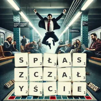 Kreatywna ilustracja do gry w Scrabble ze słowem SPŁASZCZAŁYŚCIE ułożonym z płytek na planszy.