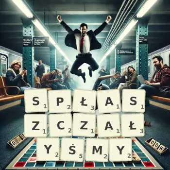 Kreatywna ilustracja do gry w Scrabble ze słowem SPŁASZCZAŁYŚMY ułożonym z płytek na planszy.