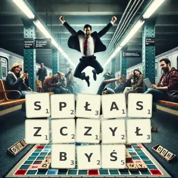 Kreatywna ilustracja do gry w Scrabble ze słowem SPŁASZCZYŁBYŚ ułożonym z płytek na planszy.