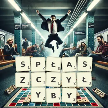 Kreatywna ilustracja do gry w Scrabble ze słowem SPŁASZCZYŁYBY ułożonym z płytek na planszy.
