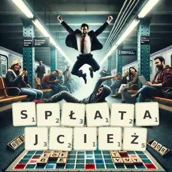Kreatywna ilustracja do gry w Scrabble ze słowem SPŁATAJCIEŻ ułożonym z płytek na planszy.