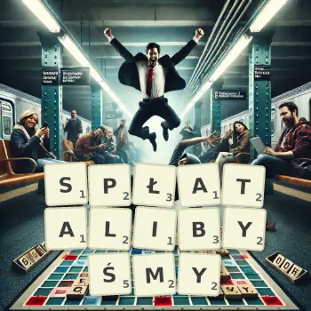 Kreatywna ilustracja do gry w Scrabble ze słowem SPŁATALIBYŚMY ułożonym z płytek na planszy.