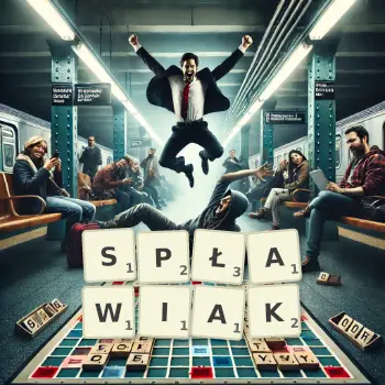 Kreatywna ilustracja do gry w Scrabble ze słowem SPŁAWIAK ułożonym z płytek na planszy.